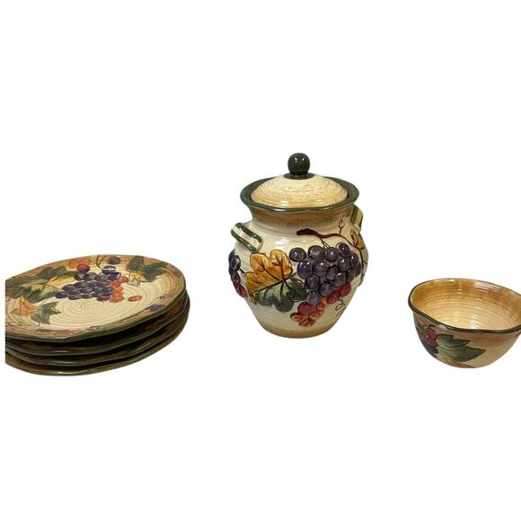 Rustic Tuscany Grapes Leaves Pamela Gladding 4 Ceramic Plates Cookie Jar Bowl - Picture 1 of 13